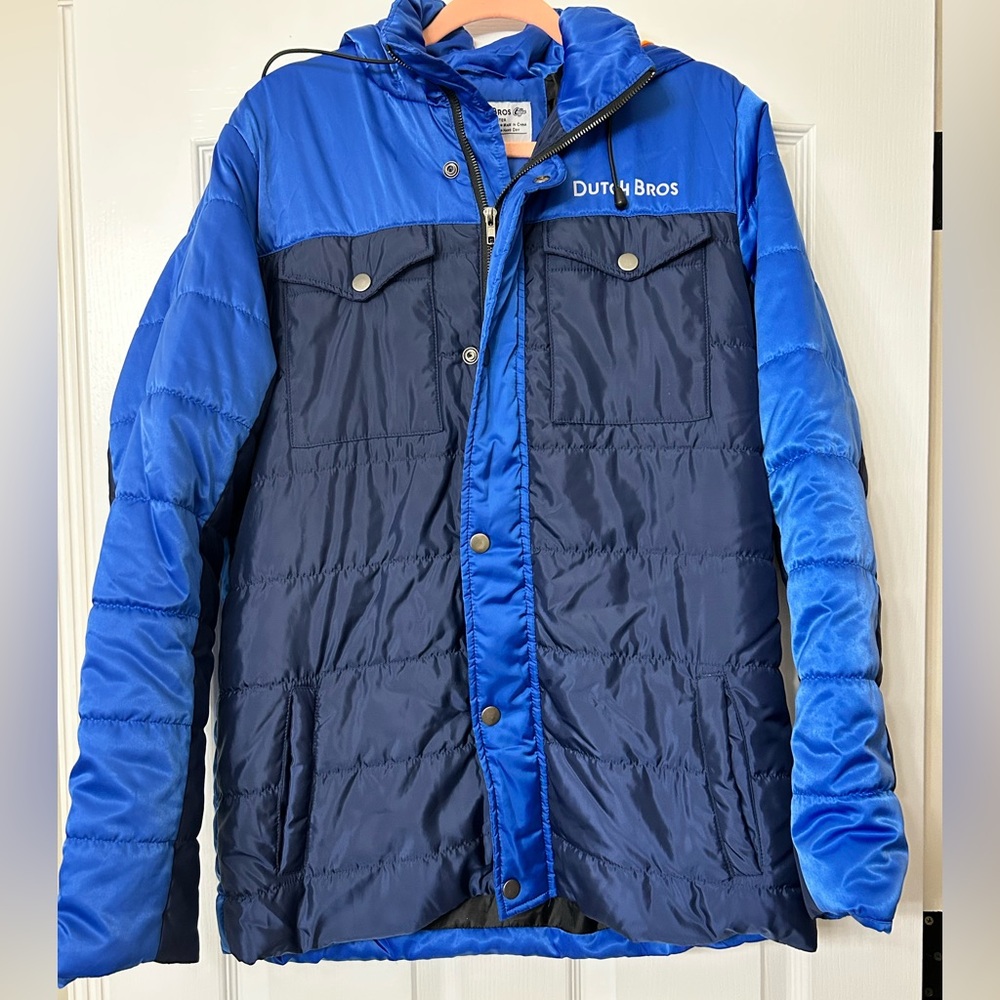 Dutch Bros unisex hooded blue puffer coat